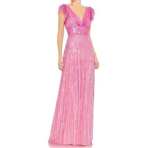 MAC DUGGAL Hot Pink  Embellished Flutter Cap Sleeve A-Line Gown